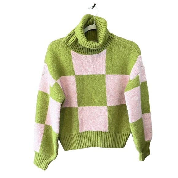 New Native Youth Checkerboard Oversized Green Pink Knit Turtleneck Sweater XS - Picture 3 of 13